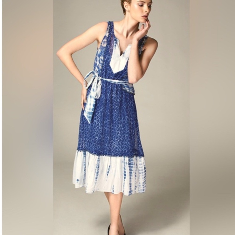Anthropologie Meadow Rue Blue Tie Dye Batik Sheer Print Midi Dress Women 6
